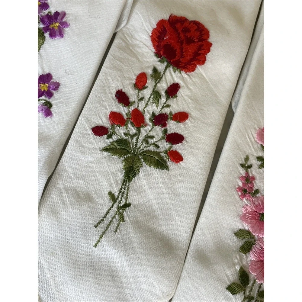 Two Sets European WWII Era Sweetheart Napkins | Embroidered Flowers Floral Linen